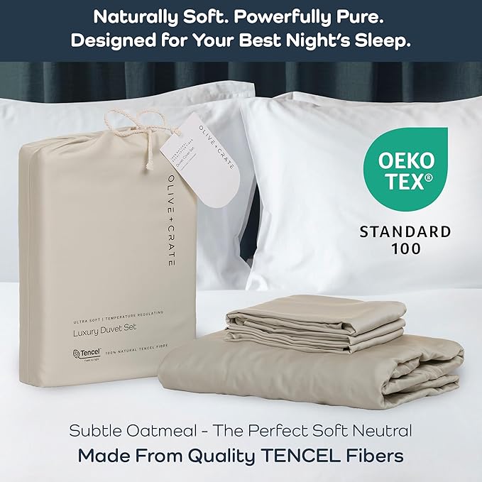 Olive + Crate Tencel Eucalyptus Cooling Duvet Cover Set - Hypoallergenic, Lyocell Tencel Duvet Cover - Soft, Temperature Regulating with Hidden Button Closure & Corner Ties - California King [Oatmeal]