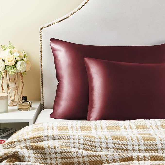 BEDELITE Satin Pillowcase for Hair and Skin, Super Soft and Cooling Similar to Silk Pillow Cases 2 Pack with Envelope Closure, Gift for Women Men(20"x36" King Size, Burgundy)