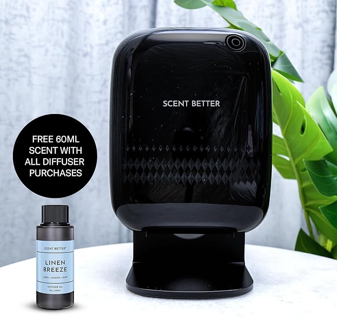 Scent Better Pro - Smart Bluetooth Essential Oil Diffuser for Home, Hotel, Spa, Office, Waterless - Includes Free Linen Breeze - Black