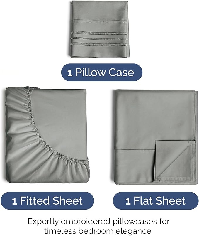 Twin Size 3 Piece Sheet Set - Extra Soft, Breathable & Cooling Sheets - Hotel Luxury Durable Bed Sheets for Women & Men - Deep Pockets, Easy-Fit & Wrinkle-Free Sheets - Slate Grey Oeko-Tex Bed Sheets