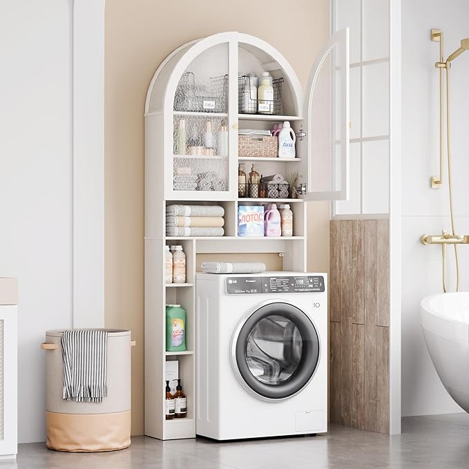 Over The Toilet Storage Cabinet, 29.7”W Modern Storage Cabinet Over Toilet with Acrylic Doors, Arched Freestanding Over Toilet Rack with Adjustable Shelf for Bathroom, Antique White