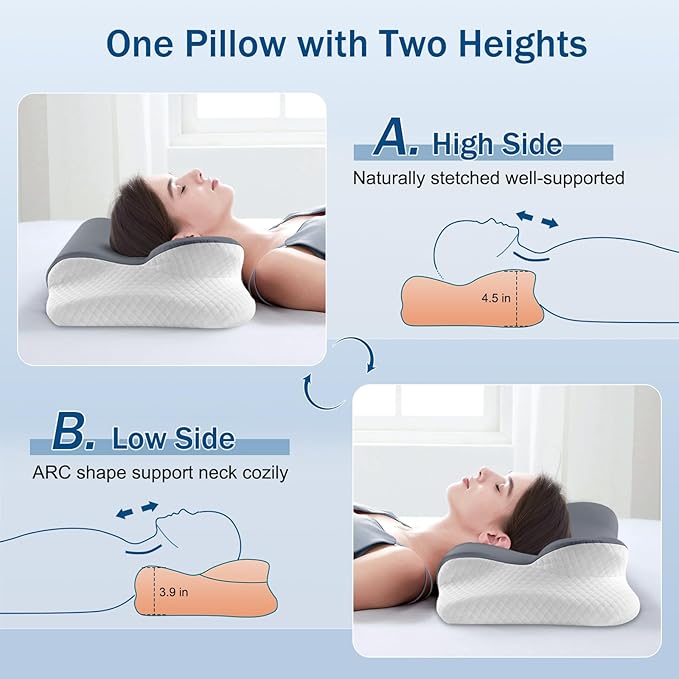 Cervical Neck Pillow for Sleeping, Ergonomic Side Sleeper Pillow for Neck Support, Memory Foam Pillows for Back Stomach Sleepers, Orthopedic Contour Pillows with Cooling Pillowcase (Dark Grey)