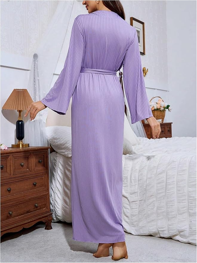 OYOANGLE Womens Long Robes Kimono Elegant Lightweight Knit V Neck Bathrobe Soft Sleepwear Casual Bath Robe