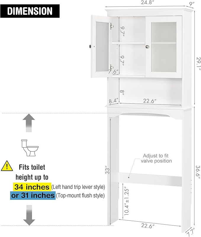 Spirich Over The Toilet Storage Cabinet, Above Toilet Storage Shelf with Glass Doors, Behind Toilet Bathroom Organizer, White