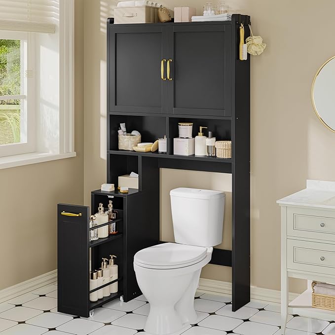 Over The Toilet Storage Cabinet with Pulley Small Bathroom Storage Cabinet, Space Saver W/Adjustable Shelf & Open Shelf for Bathroom, Restroom, Laundry (Black)