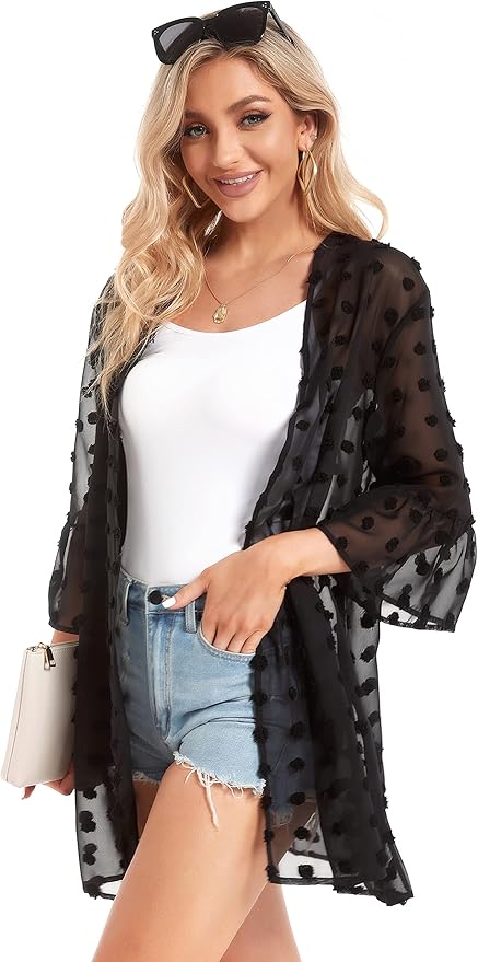 CHICGAL Womens Kimono for Summer Puff Sleeve Cardigan Casual Loose Fit Beach Cover Ups Resorts Swimwear