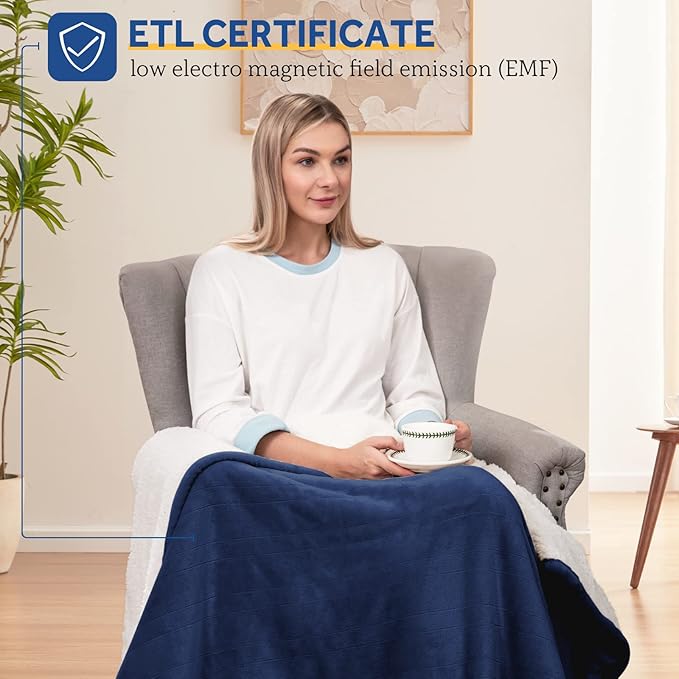 SEALY Heated Throw Blanket, Flannel & Sherpa Electric Throw with 6 Heat Setting & 2-10 Hours Auto Shut Off, Machine Washable, 50x60 Inch, Navy