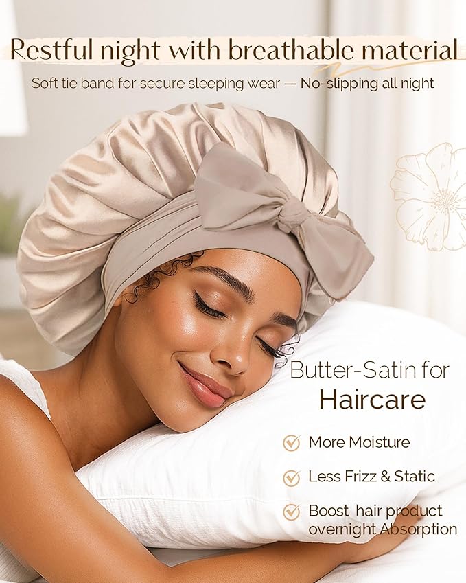 YANIBEST Silk Hair Bonnet for Sleeping, Double Layer Hair Bonnet with Elastic Tie Band for Curly Natural Hair Reduce frizz