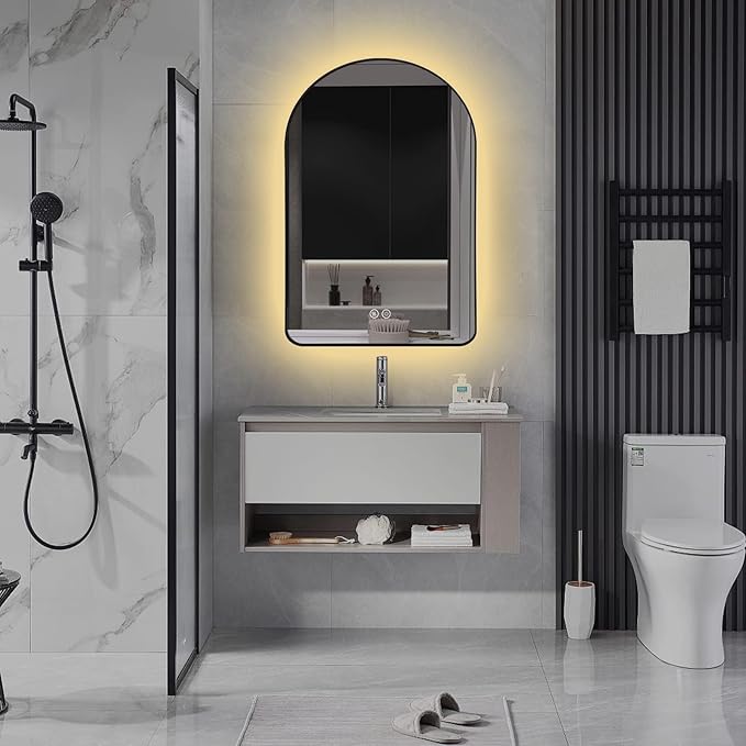 Niccy Arched LED Lighted Bathroom Mirror, 48x30 Inch Backlit Vanity Bathroom Mirror with Lights Brushed Black Framed Wall Mounted Mirrors with 3 Color Shatterproof Arch Smart Fog Free Mirror