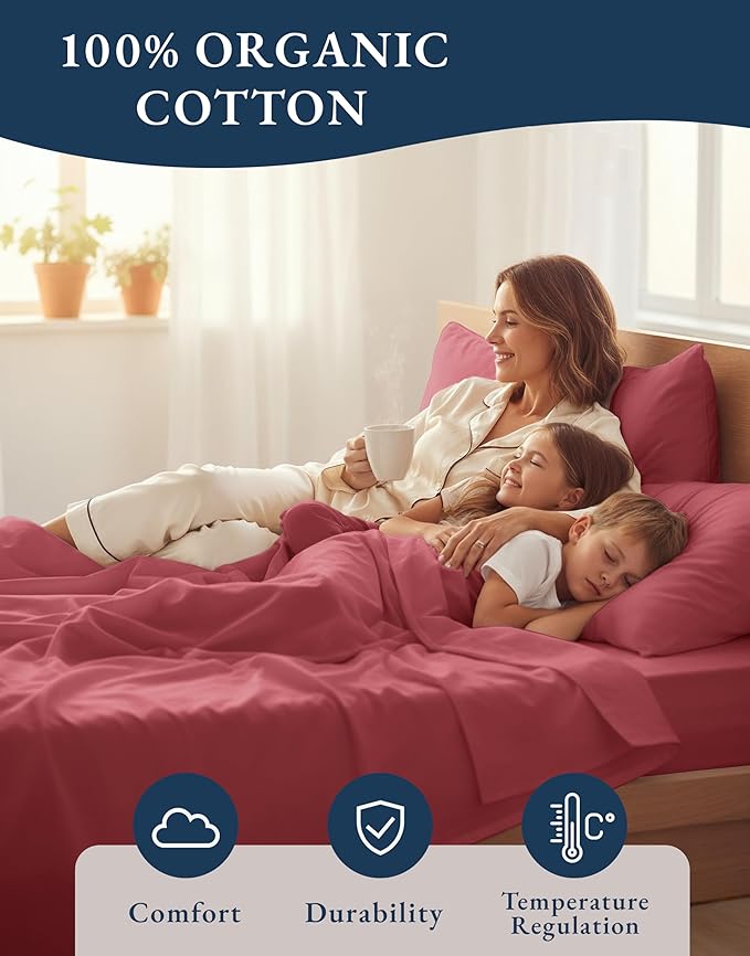 LANE LINEN 100% Organic Cotton California King Sheets Set, 4-Piece Pure Organic Cotton Long Staple Percale Weave Soft Best Bedding Sheets for Bed, Breathable, Fits Mattress Upto 15" Deep - Mineral Red