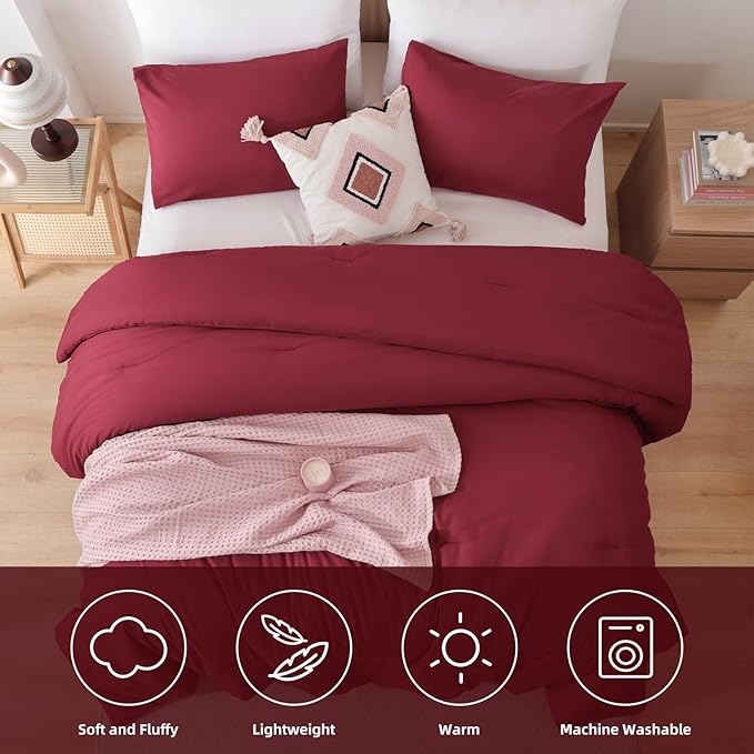 ROSGONIA Twin Comforter & Pillowcase for College Girls & Boys - Dark Red, Lightweight Dorm Bedding