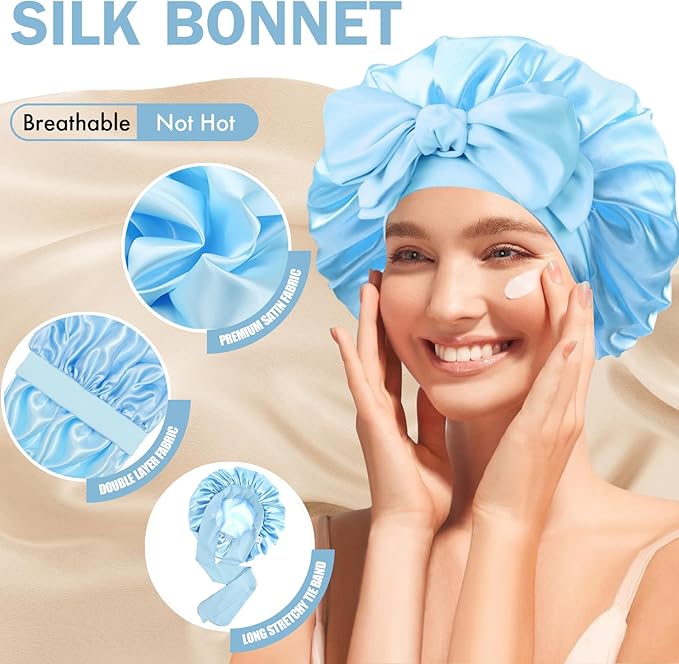 Silk Bonnet for Sleeping Women, Adjustable Soft Satin Lined Bonnet with Tie Band, Double Layer Sleep Night Cap