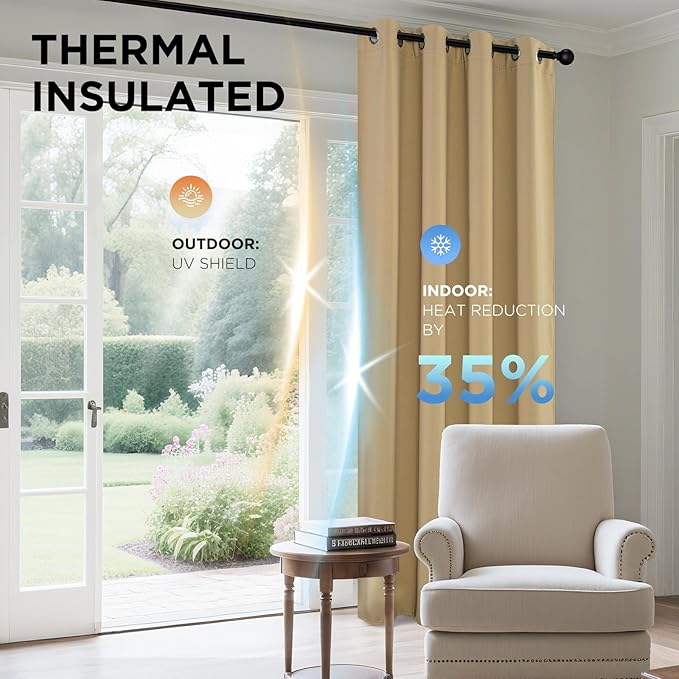 Joydeco Blackout Curtains 108 Inch Length 2 Panels Set, Thermal Insulated Long Curtains& Drapes 2 Burg, Room Darkening Grommet Drapes for Living Room Bedroom Window (W52 x L108 Inch, Beige)