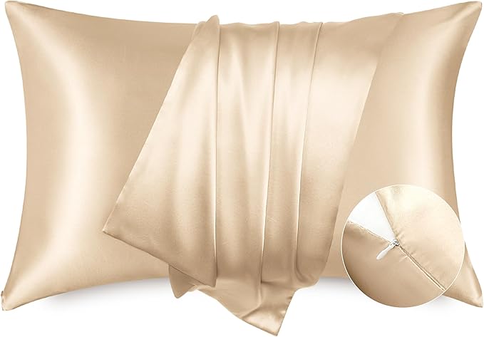 Bedsure Satin Pillowcase with Zipper, Similar to Silk Pillow Cases 2 Pack, Satin Pillow Cases Queen, Silky & Soft Bedding Pillow Covers for Hair and Skin, Gifts for Women Men, Champagne, 20x30 Inches
