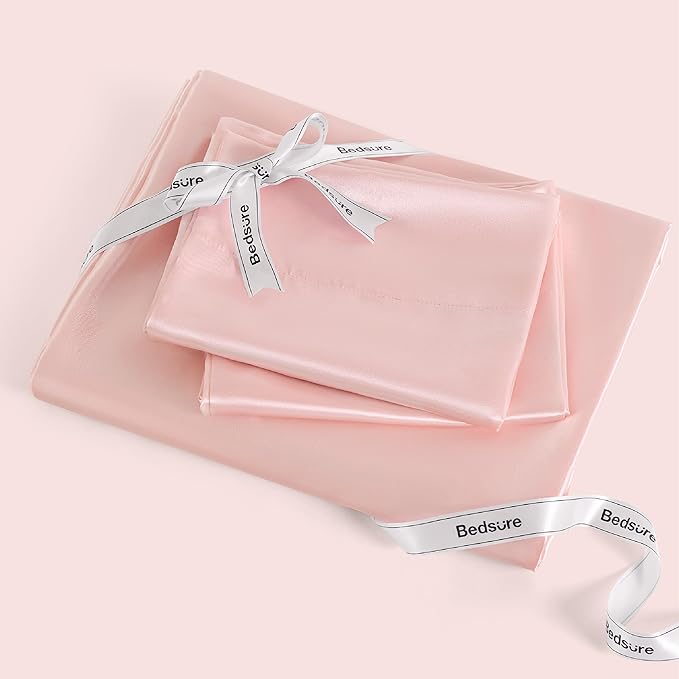 Bedsure Pink Satin Sheets King Size - 4 Piece Silky Bedsheets with 15 Inches Deep Pocket Fitted Bedsheet,1 Flat Sheet, 2 Satin Pillowcases, Good for Hair & Skin (King, Pink)