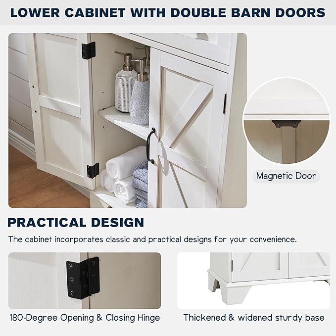 ACCOHOHO Farmhouse Tall Bathroom Storage Cabinet, 72" Storage Cabinet with 2 Drawers, Adjustable Shelves & Barn Door, Cabinet for Bathroom, Living Room, Kitchen, Off White