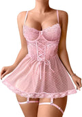 Lilosy Sexy Garter Belt Mesh Lace Babydoll Lingerie Dress Set with Thong