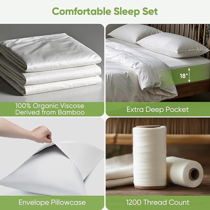 TWK Luxury Sheet Set, Genuine 100% Viscose Derived from Bamboo, Cooling & Breathable, Silky Soft, Bedding Sheets & Pillowcases (White, King(78 * 80 * 15))