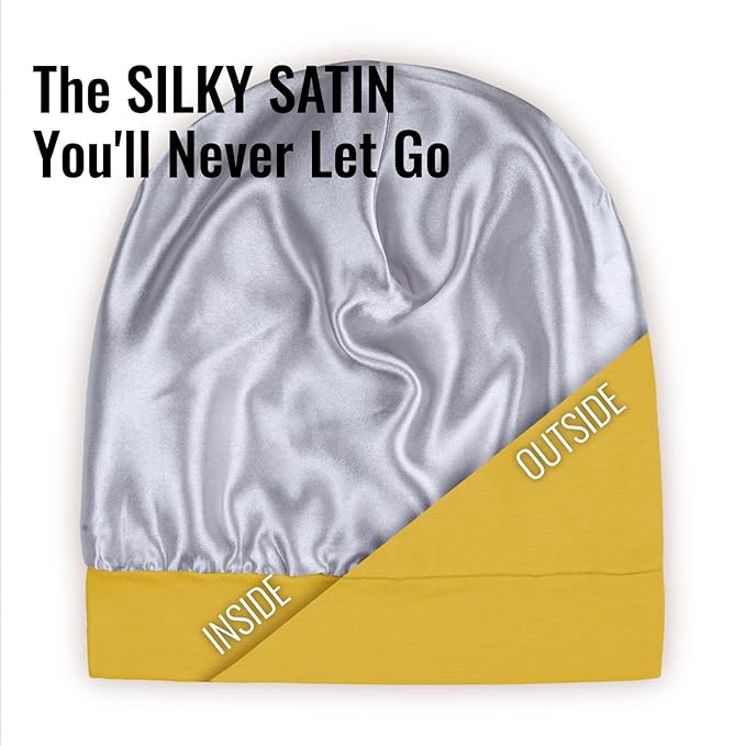 Satin Lined Sleep Cap Bonnet for Curly Hair and Braids, Stay On All Night Hair Wrap with Adjustable Strap for Women and Men, Yellow, Pack of 1
