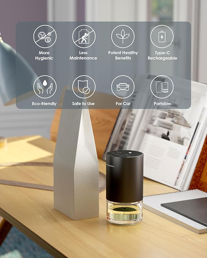 Airversa Essential Oil Diffuser Waterless Aromatherapy Diffusers for Home Large Room, Bedroom, Car, Office, Desk, Battery Operated, Small Diffuser for Pure Scent, 100mL Capacity, AN9 (Ice Blue)