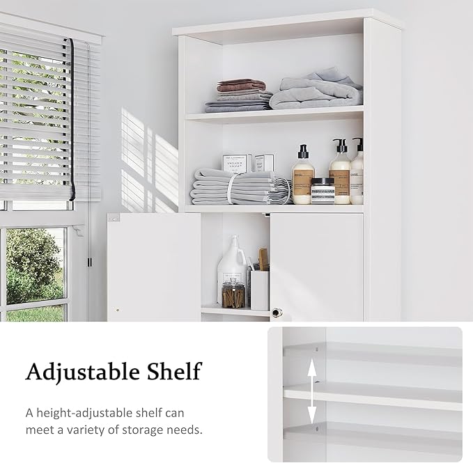 Meilocar Over The Toilet Storage Cabinet for Bathroom, Extra Tall Over Toilet Storage, Space Saver W/Adjustable Shelf & Open Storage Shelf, 75in, White