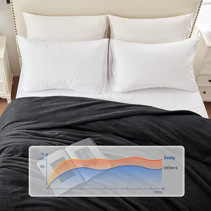 Sealy Electric Blanket King Size 100"x90", Soft Double Flannel Heated Blanket with 10 Heat Levels & 1-12 Hours Auto Shut Off, Machine Washable, Even Heat Distribution, Charcoal