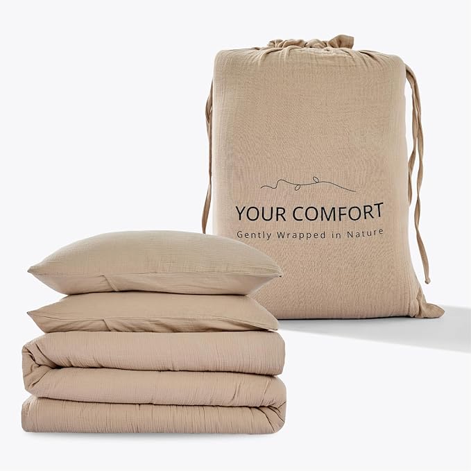 100% Sandwashed Cotton Duvet Cover Queen Size, Soft Queen Duvet Cover Set 3 Pieces with Zipper Clousre & Corner Buttons (Linen, Queen 90 x 90)