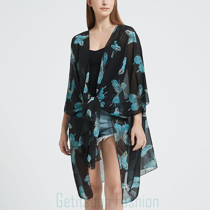 Women's Bohemian Floral Chiffon Beach Cover up Swimsuit Kimono Summer Swimwear Cardigans