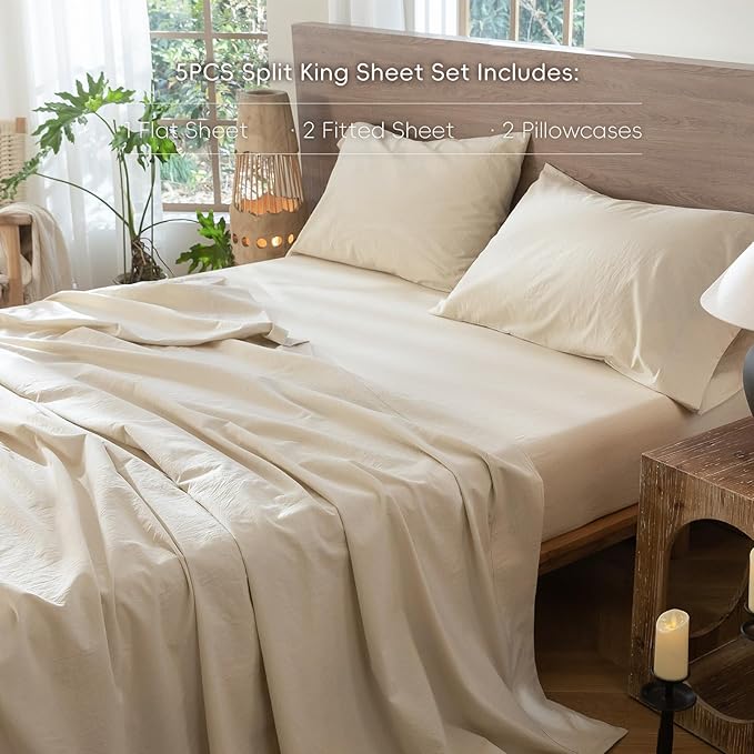 MooMee Bedding Sheet Set 100% Washed Cotton Linen Like Textured Breathable Durable Soft Comfy (Heathered Almond Milk Grey, Split King)