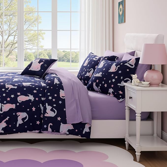 Full Size Comforter Set for Girls-4 Pieces Cat Patterns Full Bedding Set with 1 Comforter, 1 Decor Pillow &2 Pillow Shams