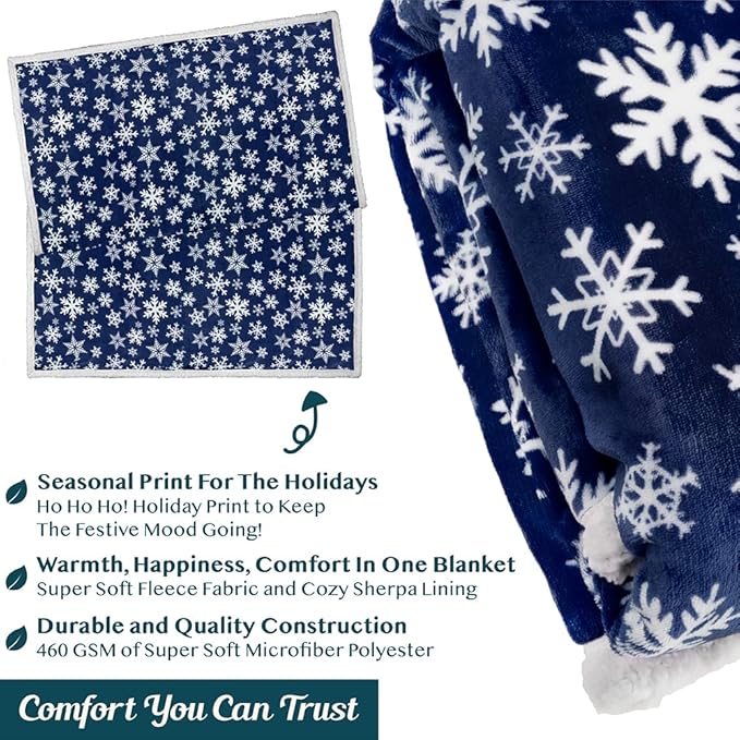 PAVILIA Premium Christmas Sherpa Throw Blanket | Blue Snowflake Decoration, Fleece, Plush, Warm, Cozy Reversible Microfiber Holiday Blanket 50 x 60 Inches