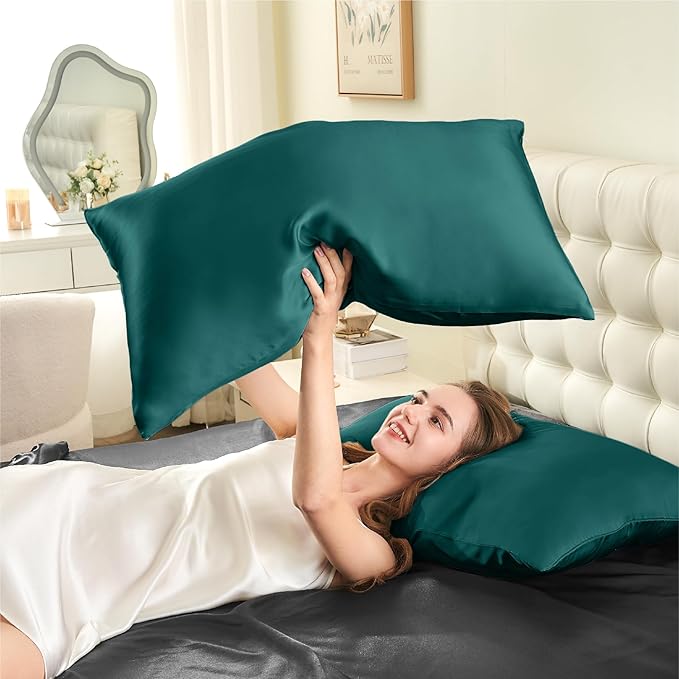 INFIIXSO Mulberry Silk Pillowcase for Hair and Skin, Silk Pillow Cases Queen Size Set of 2 with Hidden Zipper 20x30 Inches, Ultra Smooth and Soft Cooling Pillow Cases for Hot Sleepers(Teal, 2 Pack)