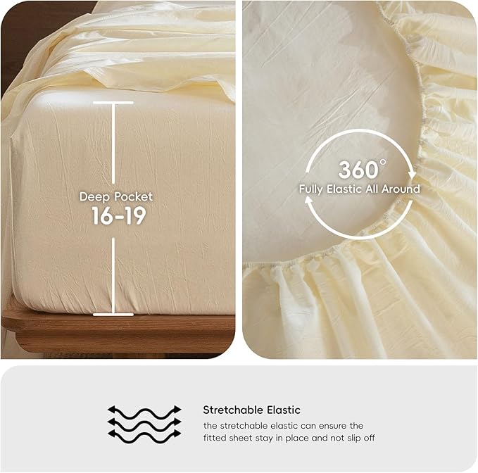 MooMee Bedding Sheet Set 100% Washed Cotton Linen Like Textured Breathable Durable Soft Comfy (Solid Cream White, Queen)