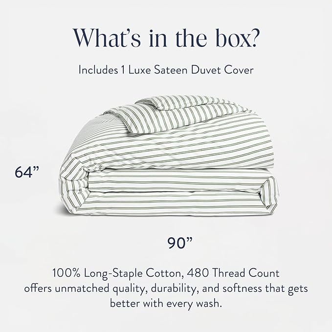 Brooklinen Luxury Sateen Duvet Cover - 100% Cotton, Twin/Twin XL Size in Green Tandem Stripe with Extra-Long Corner Ties and Button Closure - Best Twin/Twin XL Duvet Covers