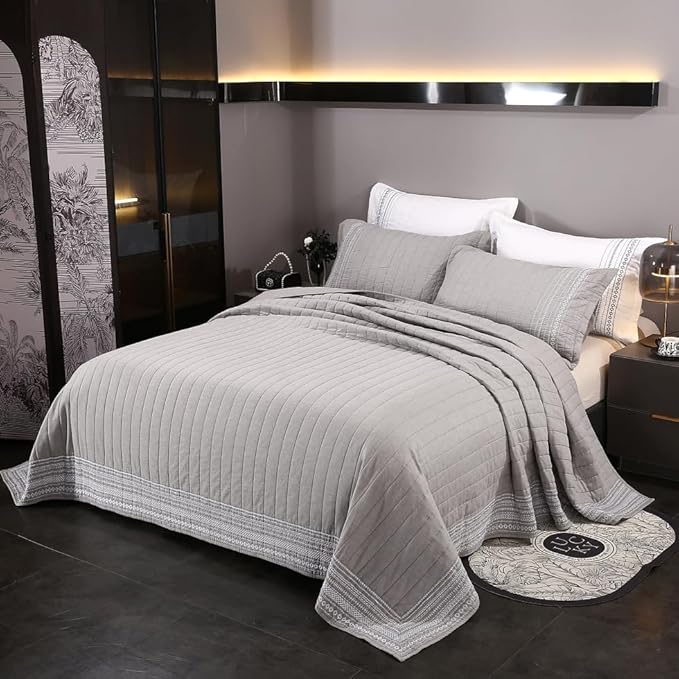 Quilt Set Floral Leaves 3D Embroidery Pattern 2 PCS Cotton Reversible Quilted Embroidered Decorative Bedspreads Coverlet Set, Lightweight &Soft Queen Size Beige Bedding Coverlet for All Season