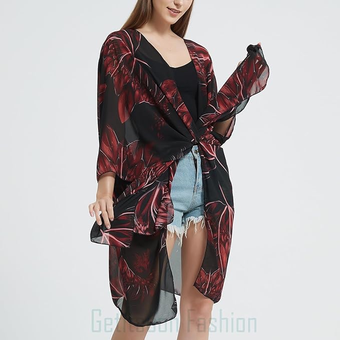 Women's Bohemian Floral Chiffon Beach Cover up Swimsuit Kimono Summer Swimwear Cardigans