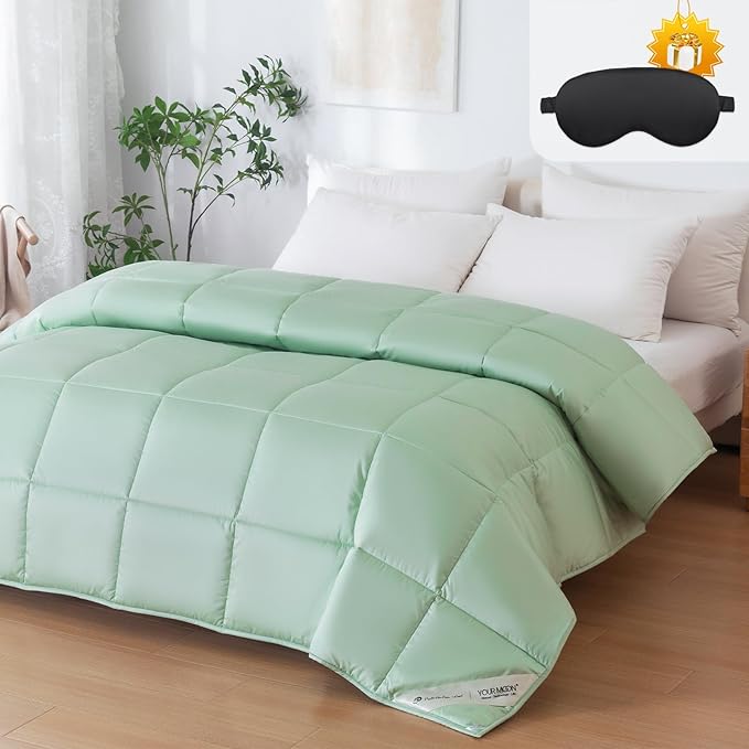 YOUR MOON Luxurious All Season Wool Comforter Queen Size, 100% Natural Australian Wool Filling, Hypoallergenic Comforter Duvet Insert, Noiseless Cotton Shell (Green)