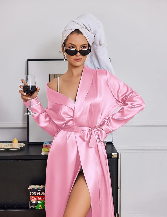 Ekouaer Silk Robes for Women Shawl Collar Satin Bathrobe Long Bride Wedding Party Robe Lightweight Sexy Sleepwear S-XXL