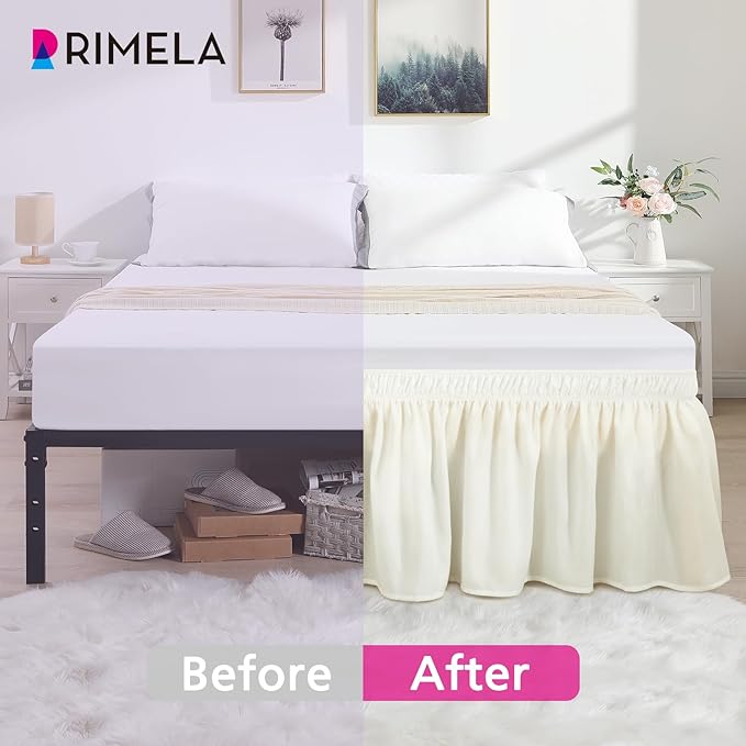 RIMELA Ivory White King Size Bed Skirt 15 Inch Drop, Elastic Bed Skirts Cal King Dust Ruffle, Bedskirt for Adjustable Bed Base Solid Fade Resistant Silky Fabric Machine Washable Easy to Install