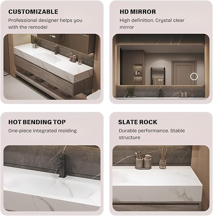 Floating Bathroom Sink Vanity 48Inch, Solid Wood Bathroom Vanities Set Includes Smart Rectangular Mirror, Slate Countertop and Integrated Sink, Modern Bathroom Cabinet with Drawers and Open Storage