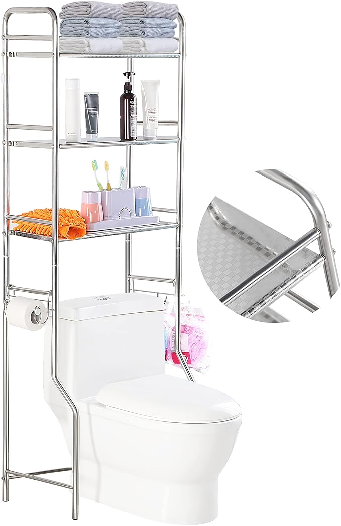 susunnus Over The Toilet Storage 3 Tier S,Bathroom Shelves Over Toilet,Freestanding Space Saver with Toilet Paper Holder,Stainless Steel,Pragmatic, Sturdy,Waterproof,Silver