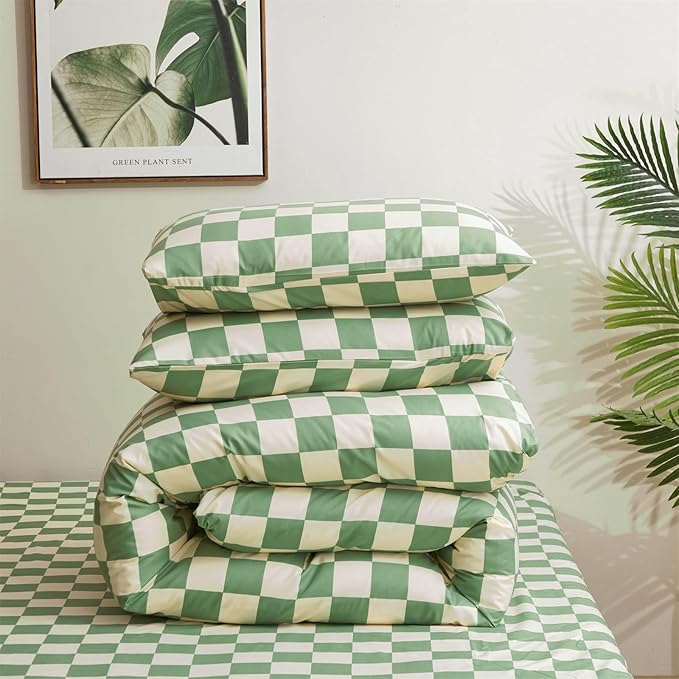 KAREVER Green White Grid Comforter Set King Sage Green Plaid Bedding Set Women Light Green White Checkered Bed Set Breathable Blanket Set Men Durable Bedding Comforter Set
