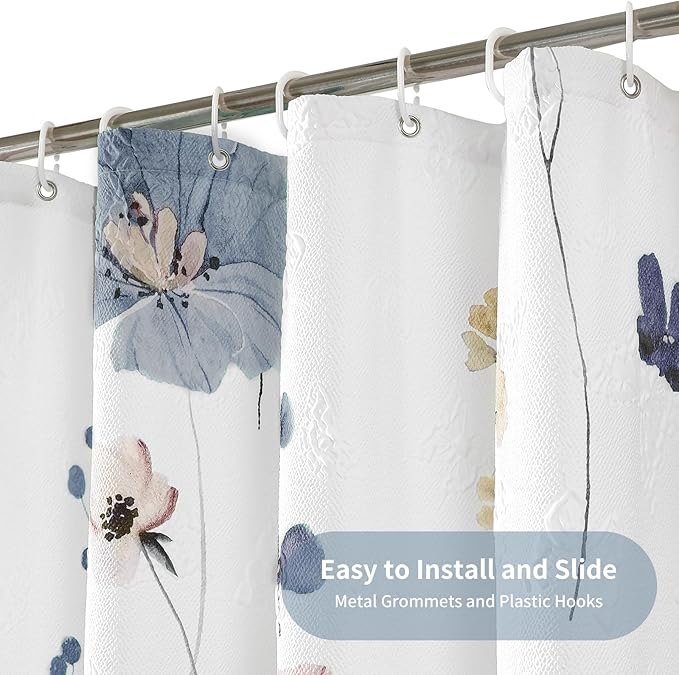 QiyI Watercolor Floral Shower Curtain, 3D Embossed Butterflies Grey Beige Flower Bathroom Curtains, Minimalist White Cloth Bath Curtain, Waterproof Fabric Textured Shower Curtain Set with Hooks, 72x72
