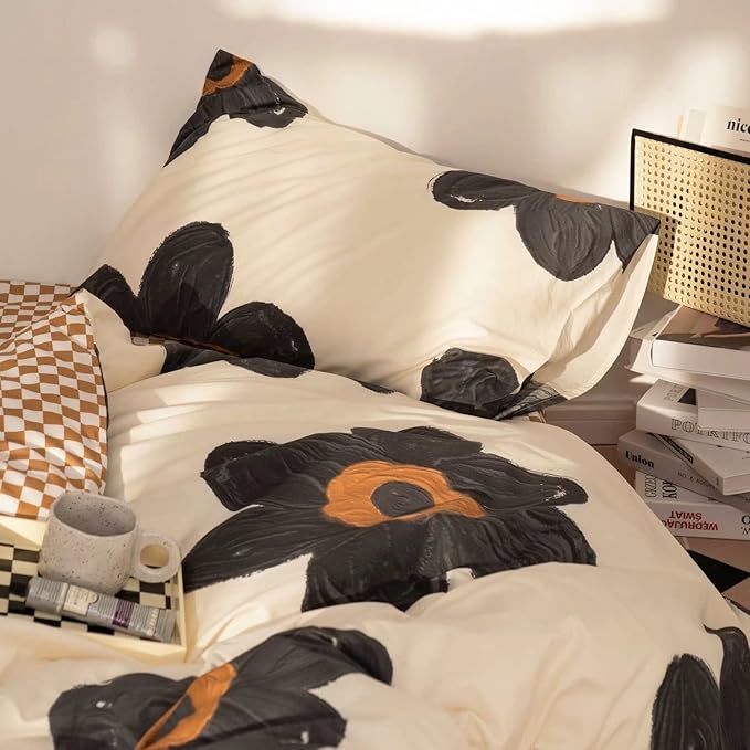 Cottonight Black and White Floral Comforter Twin Big Flower Chic Bedding Boho Modern Elegant Breathable Quilts Blankets Lightweight Comforter Set with 2 Pillowcases