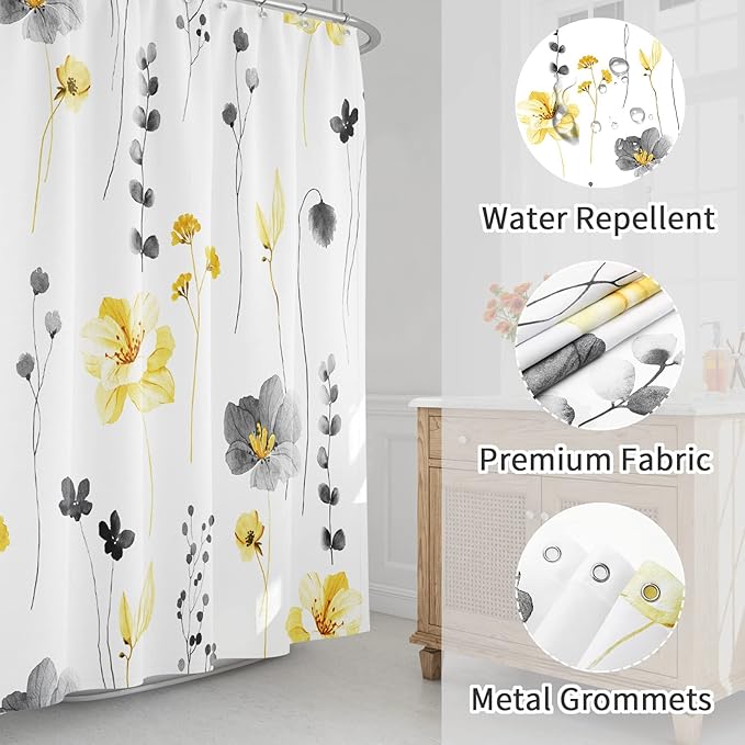 Gibelle Long Shower Curtain 72 x 78, Watercolor Floral Fabric Shower Curtain, Yellow Grey Flower Decorative Bathroom Shower Curtain Set with Hooks