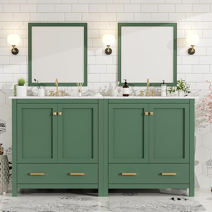 60" Bathroom Vanity Set with Double Vanities, Double Ceramic Sinks, Storage Shelf, Soft Closing Doors, Divided Drawers (Mirror not Included), Large Bathroom Vanity Sink Set (Green)