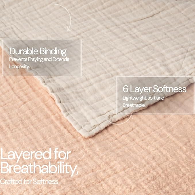 Salt Earth 100% Cotton Muslin Blanket, Gauze Blanket 50"X60" Throw with Tassel 6 Layered, Couch, Bed, Living Room, Home,Lightweight & All Season Blankets & Throws, Skin Friendly (Rose Dust/Moonbeam)