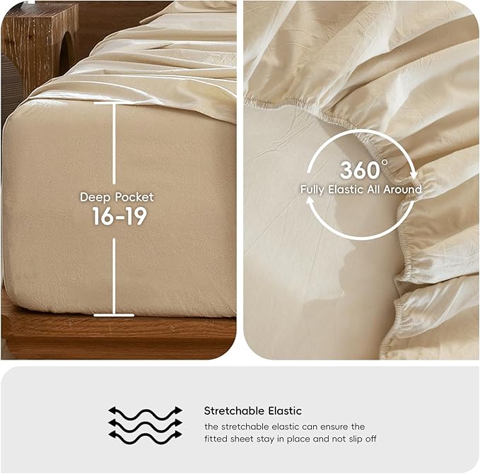 MooMee Bedding Sheet Set 100% Washed Cotton Linen Like Textured Breathable Durable Soft Comfy (Heathered Almond Milk Grey, Queen)
