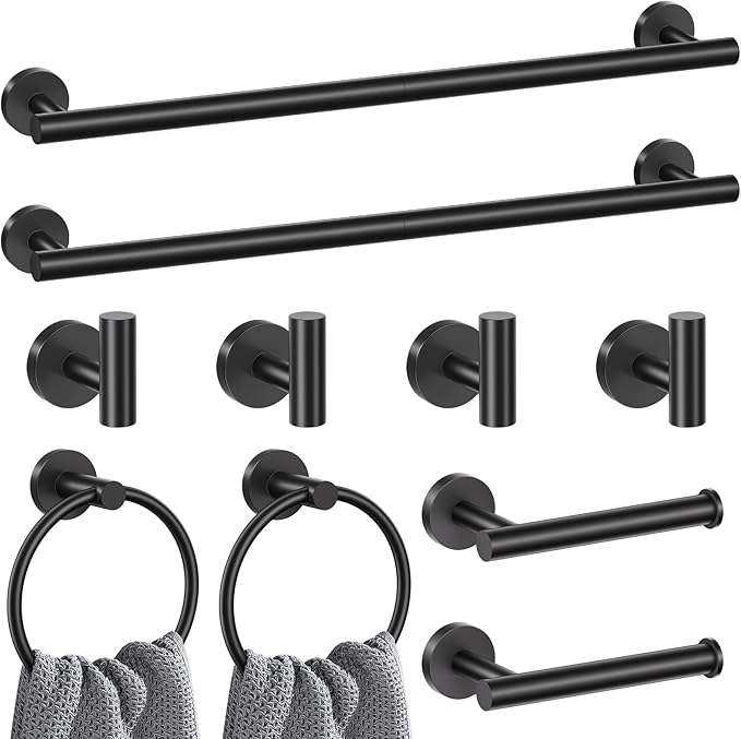 Lairuier Matte Black Bathroom Hardware Set, 10-Piece Towel Bar Set SUS304 Stainless Steel Bathroom Hardware Accessories Set Round Towel Holder Set Wall Mounted