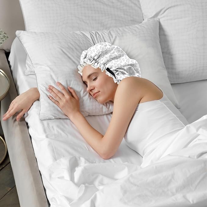 2 PCS Bonnets for Women Girls Satin Hair Bonnet Silk Adjustable Elastic Double Layer Hair Wrap Sleep Cap Comfort Cute-Leopard Spots